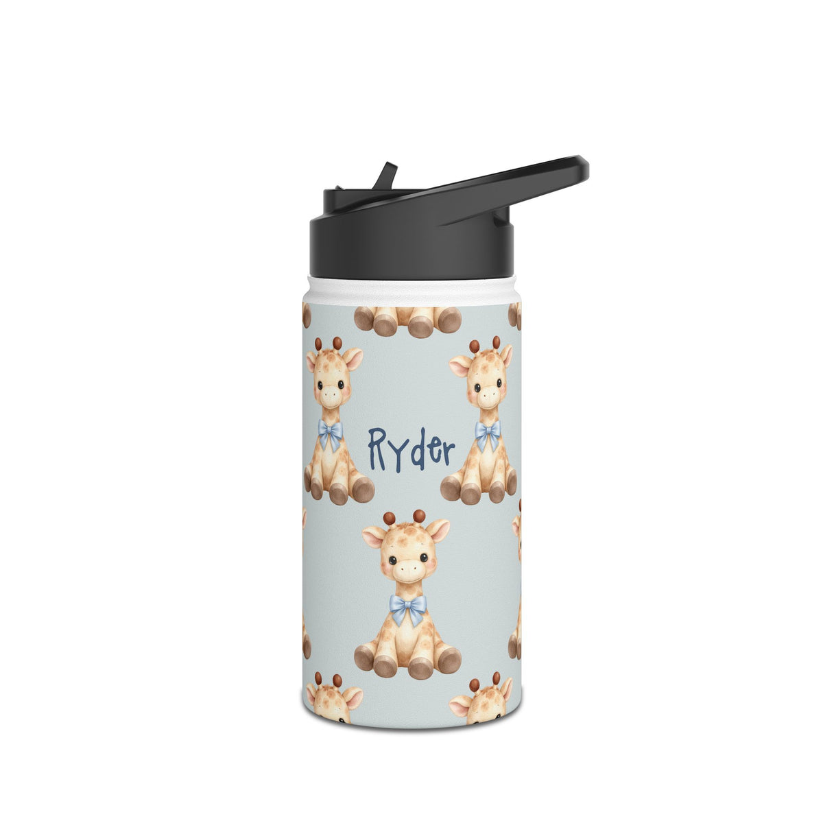Back view of personalized baby giraffe water bottle
