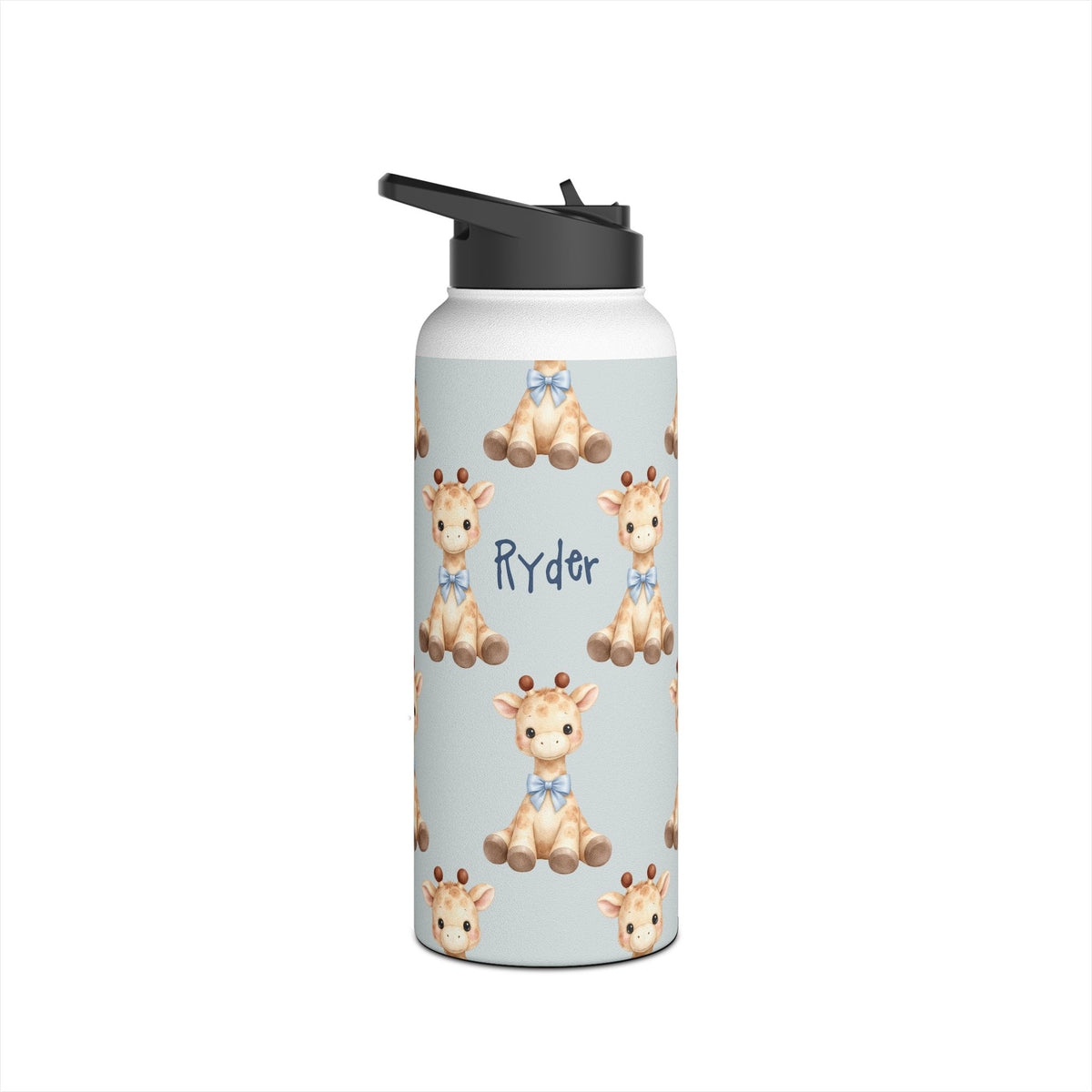 Close up of custom name on baby giraffe water bottle