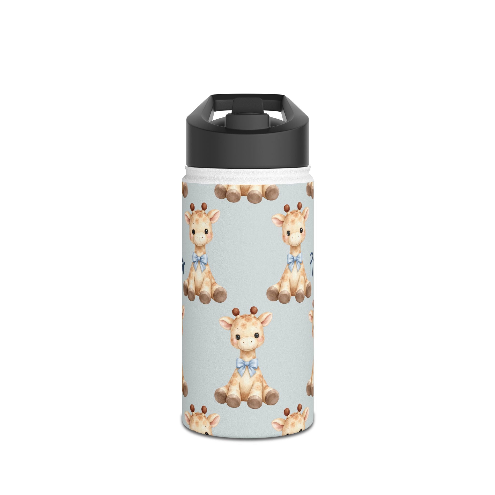 Personalized baby giraffe water bottle held in hand