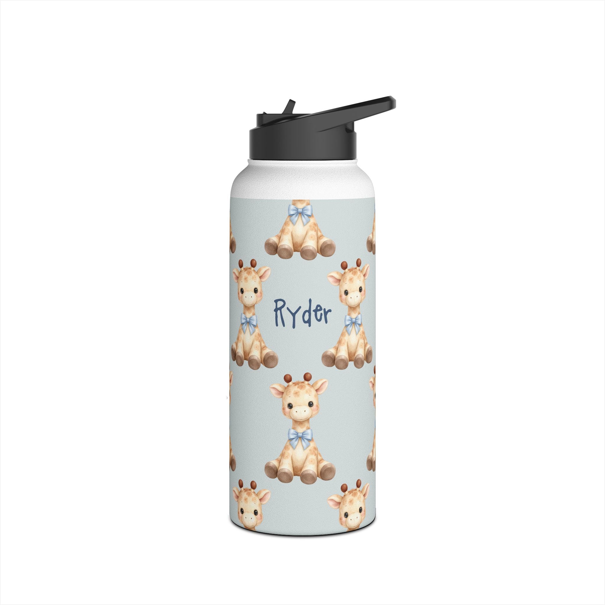 Detail of twist on lid on personalized baby giraffe water bottle