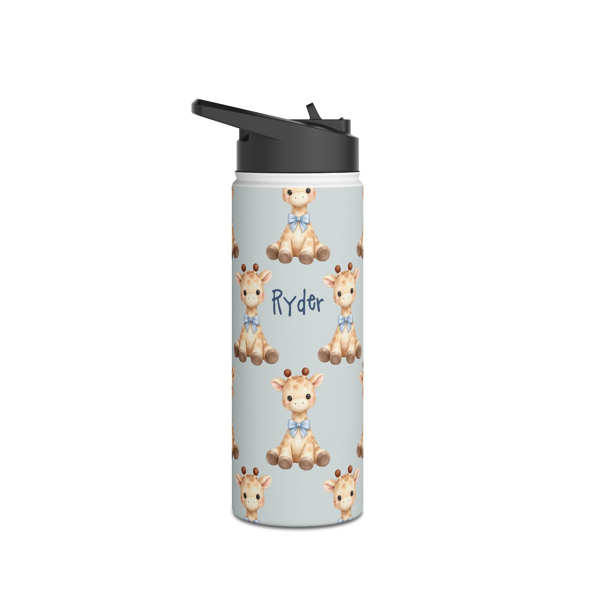 Personalized baby giraffe water bottle in lifestyle setting
