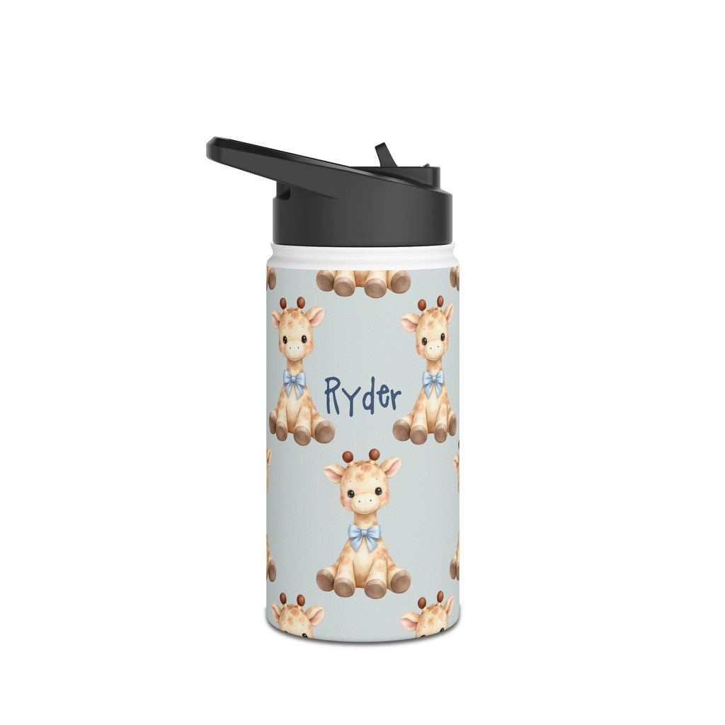 Personalized water bottle with baby giraffe design, custom name