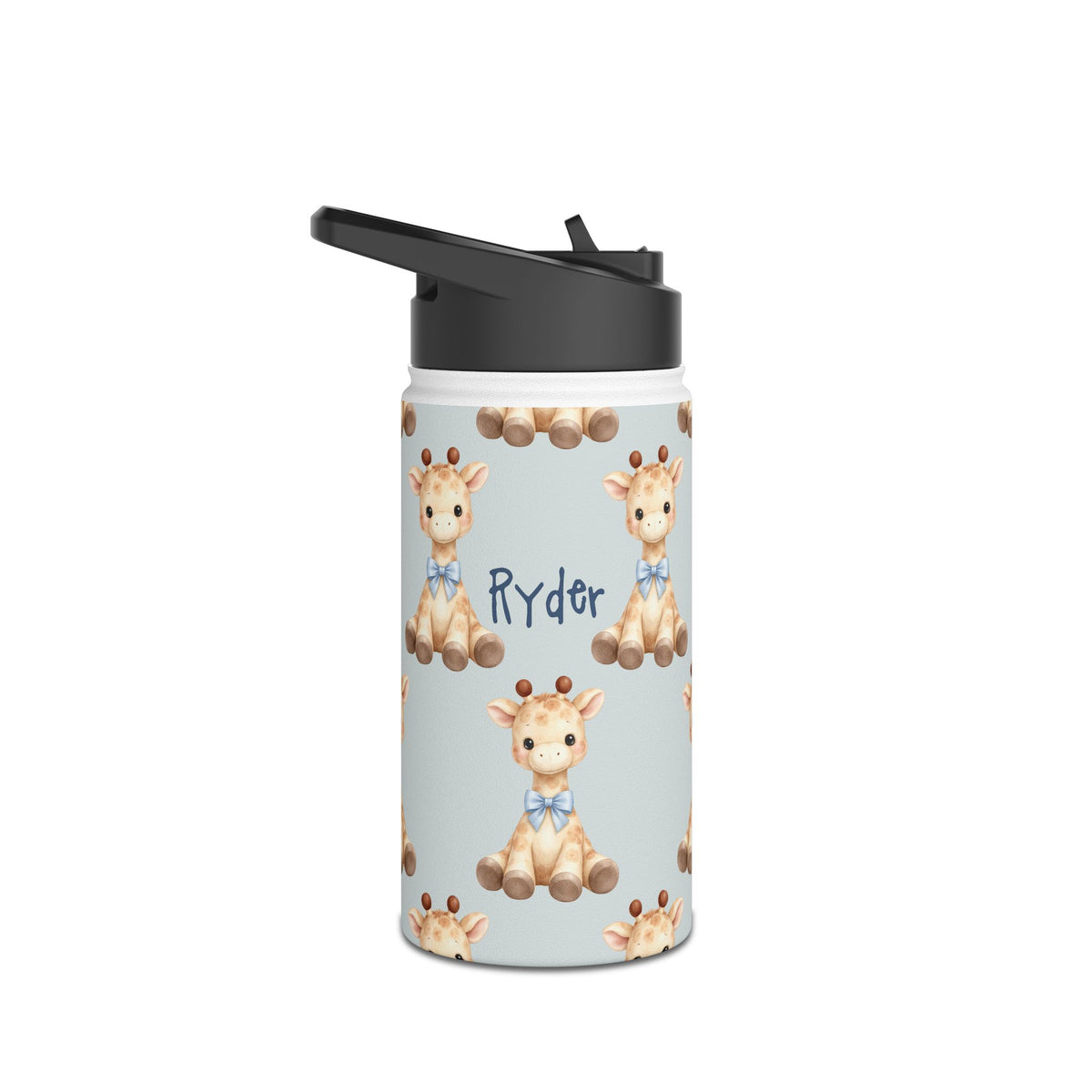 Personalized water bottle with baby giraffe design, custom name