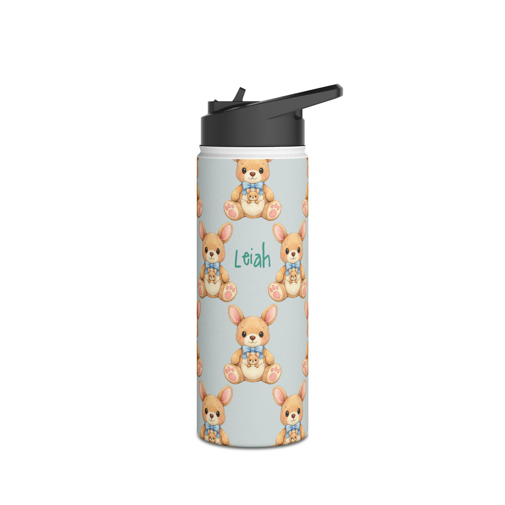 Angle view of personalized baby zebra water bottle with straw lid