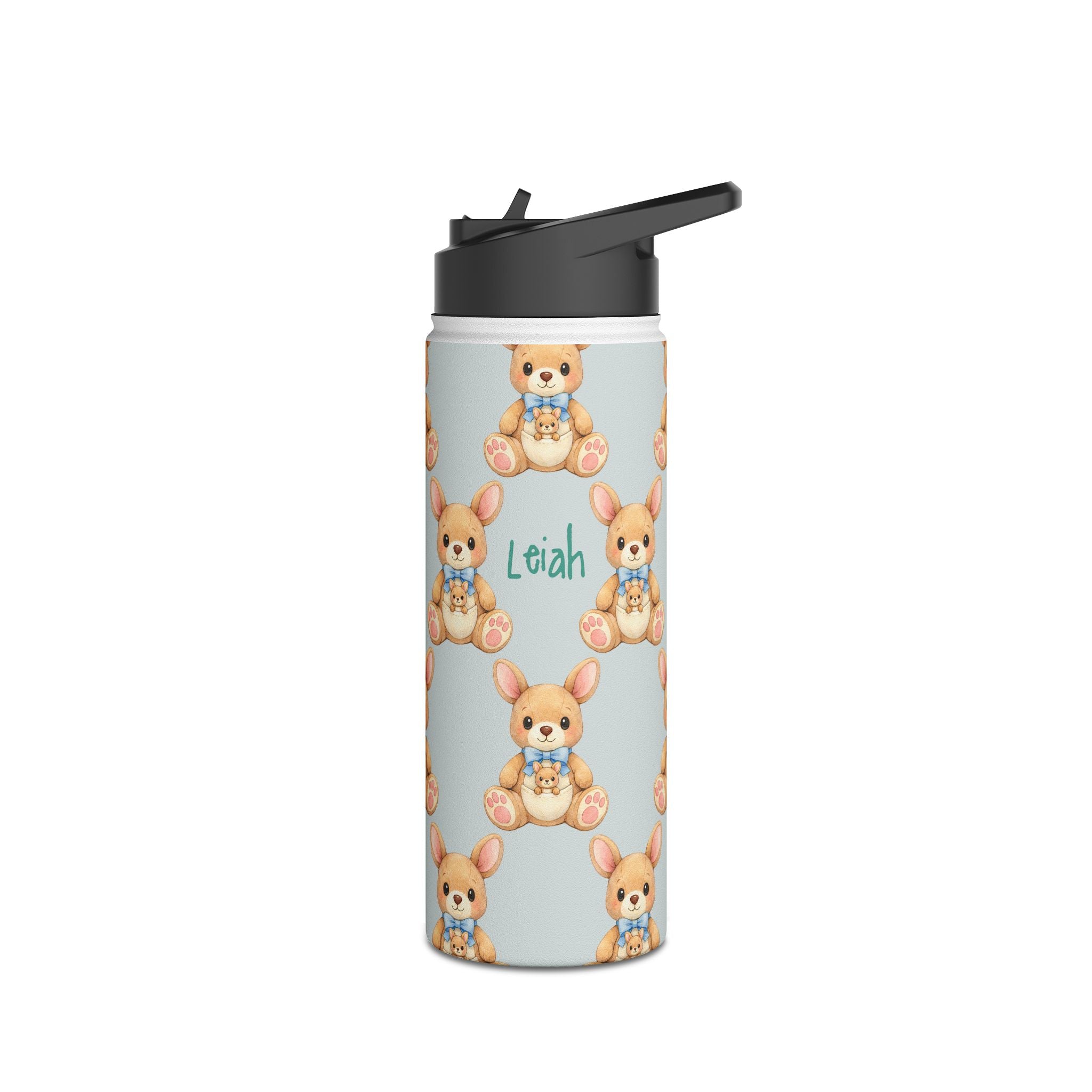 Angle view of personalized baby zebra water bottle with straw lid