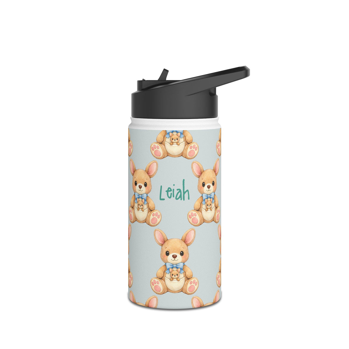 Back view of personalized baby zebra water bottle