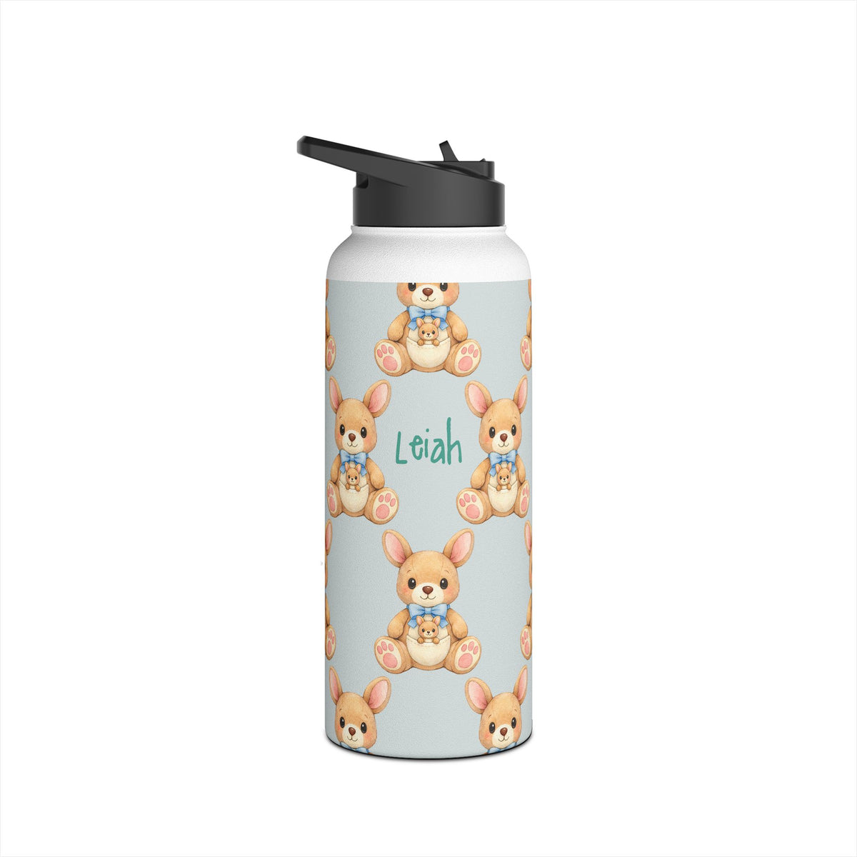 Close up of custom name on baby zebra water bottle