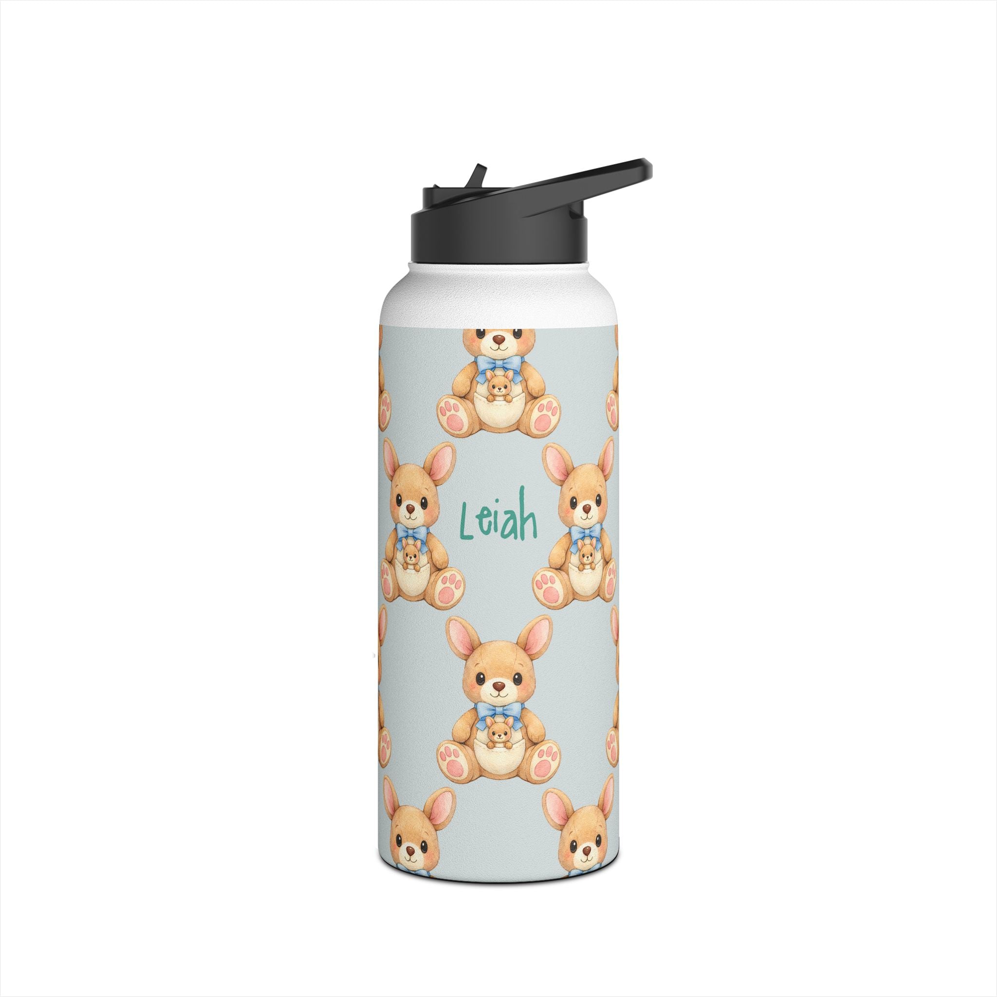 Detail of twist on lid on personalized baby zebra water bottle
