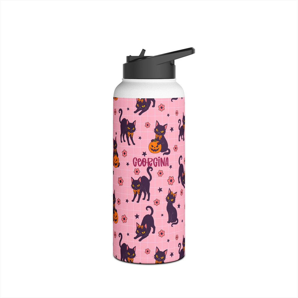 Close up of custom name printed on Halloween black cat water bottle