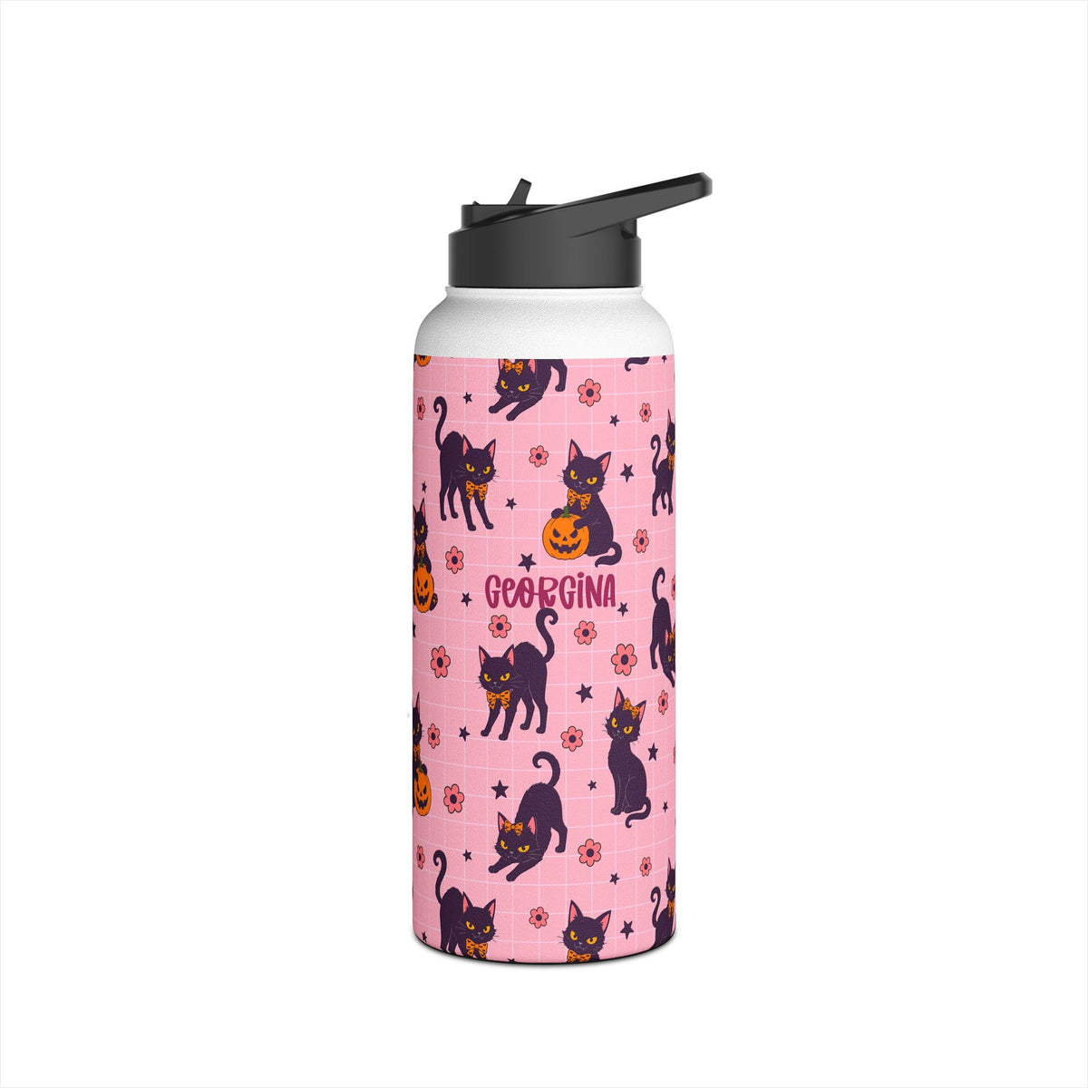 Close up of custom name printed on Halloween black cat water bottle