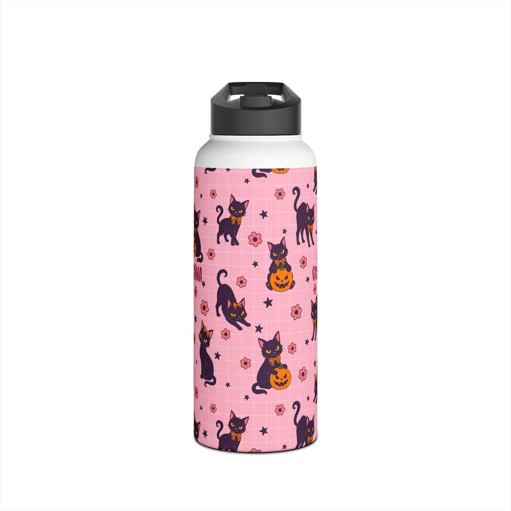 Detail of lid on personalized Halloween black cat water bottle