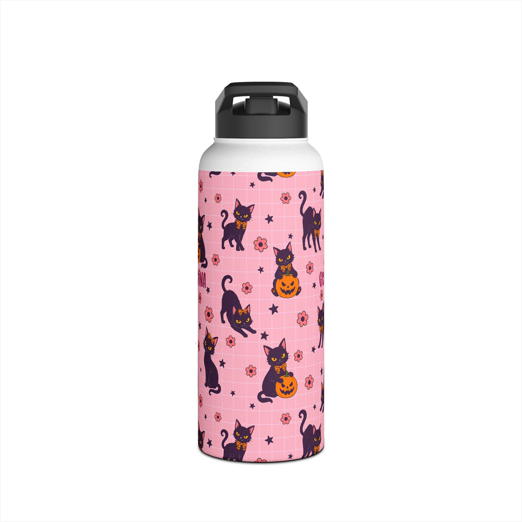 Personalized Halloween black cat water bottle in lifestyle setting