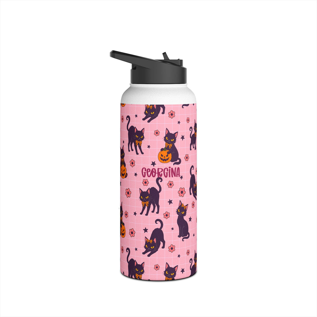 Personalized Halloween water bottle with black cats and jack-o-lanterns on pink, custom name