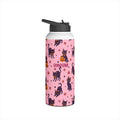 Personalized Halloween water bottle with black cats and jack-o-lanterns on pink, custom name