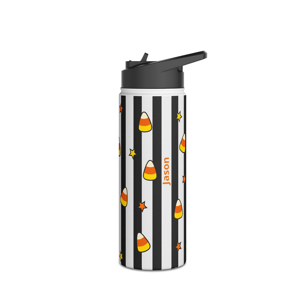 Angle view of personalized Halloween candy corn water bottle with straw lid