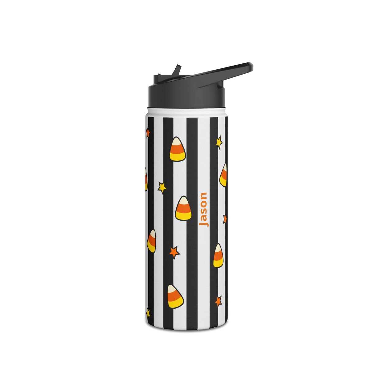 Angle view of personalized Halloween candy corn water bottle with straw lid