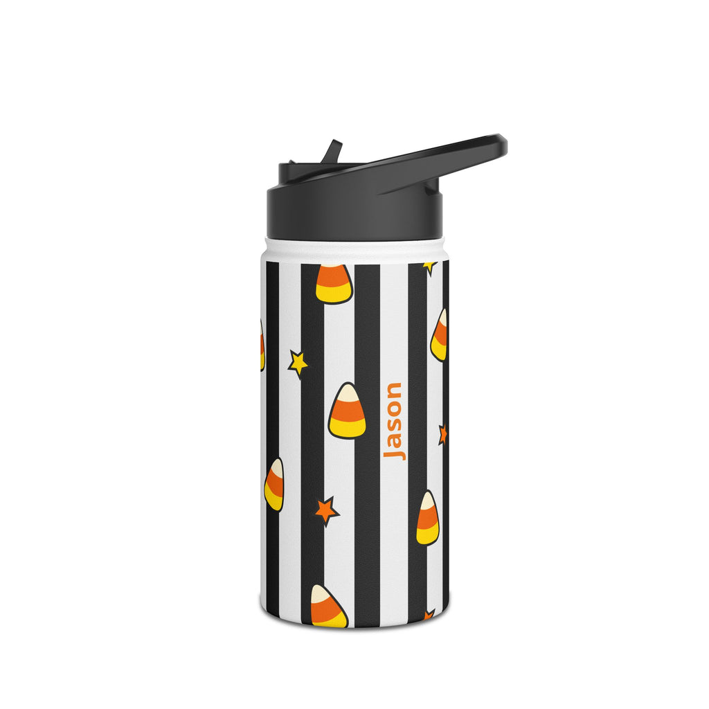 Back view of personalized Halloween candy corn water bottle
