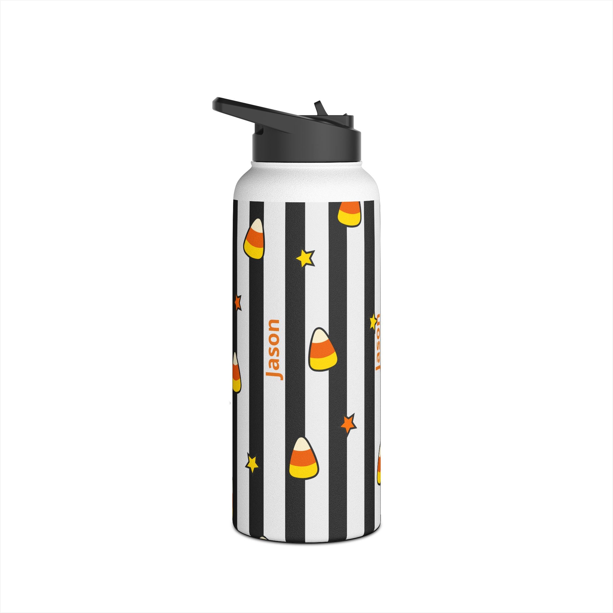 Close up of custom name printed on Halloween candy corn water bottle