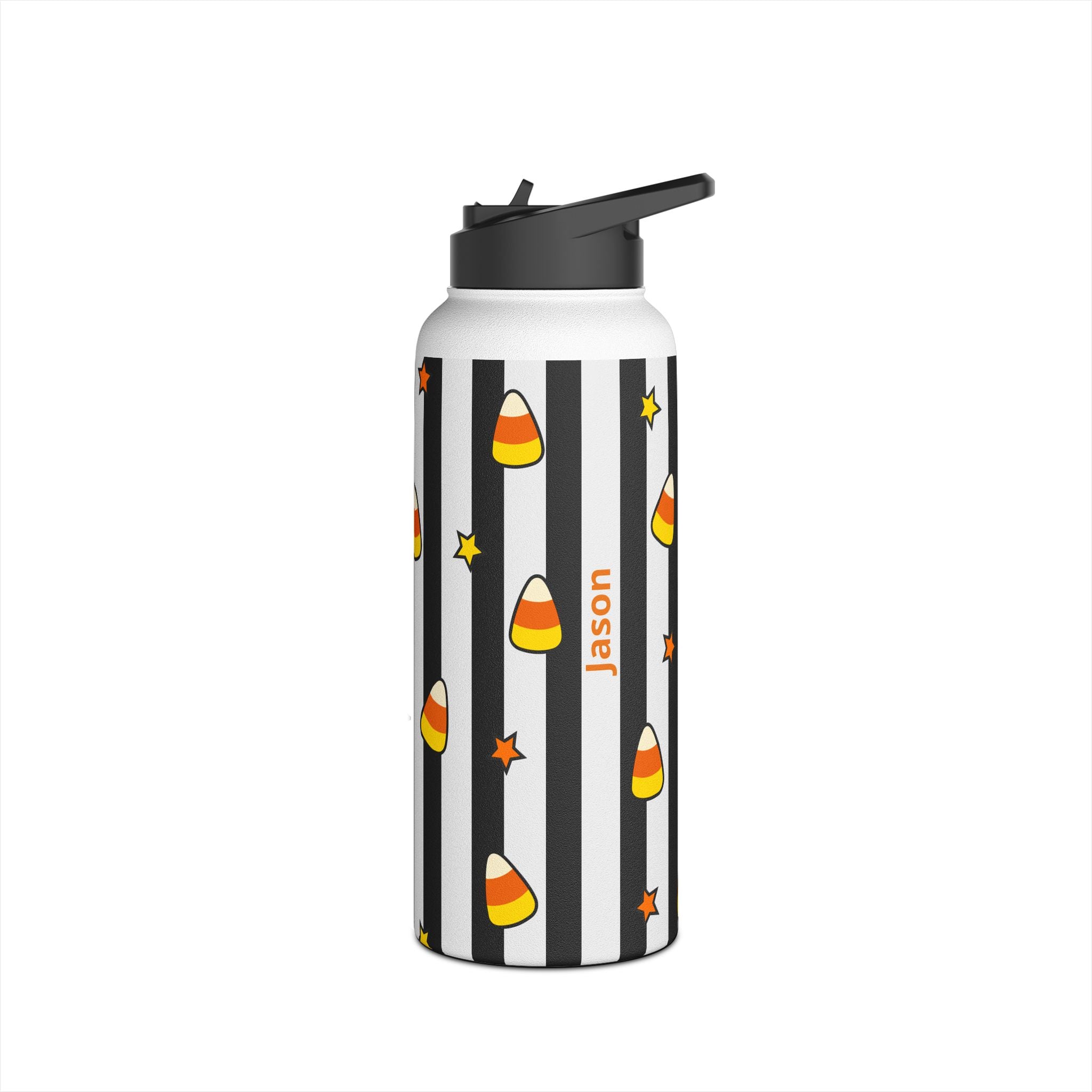 Personalized Halloween candy corn water bottle gift setting