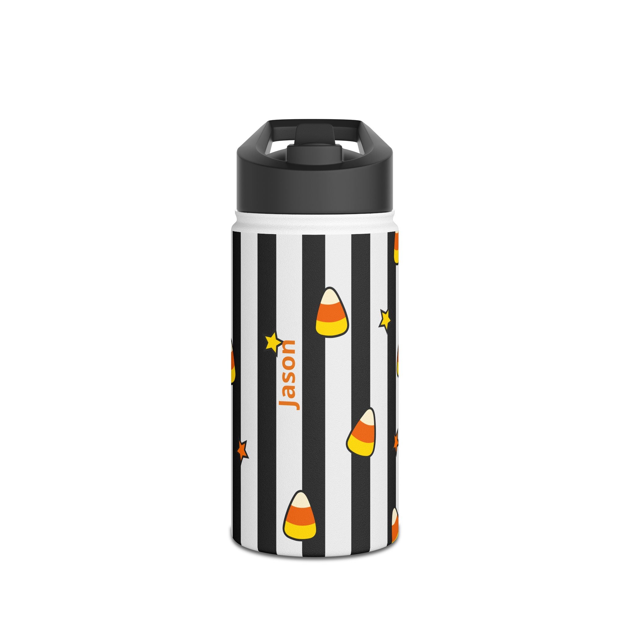 Personalized candy corn water bottle held in hand