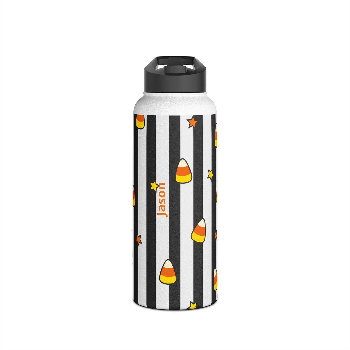 Detail of twist on lid on personalized Halloween candy corn water bottle