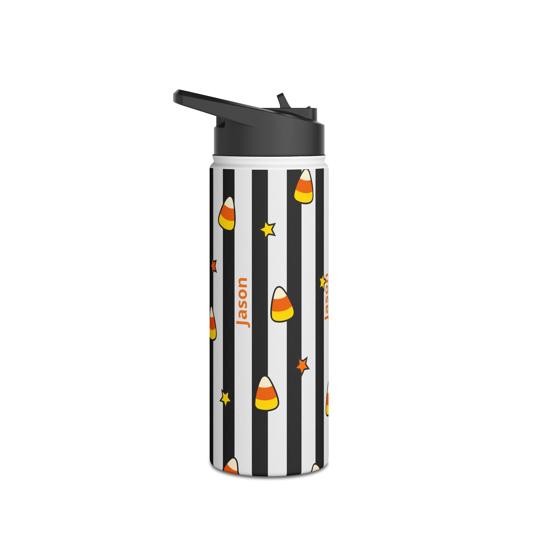 Personalized Halloween candy corn water bottle in lifestyle setting