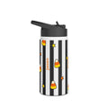 Personalized Halloween water bottle with candy corn and stripes design, custom name
