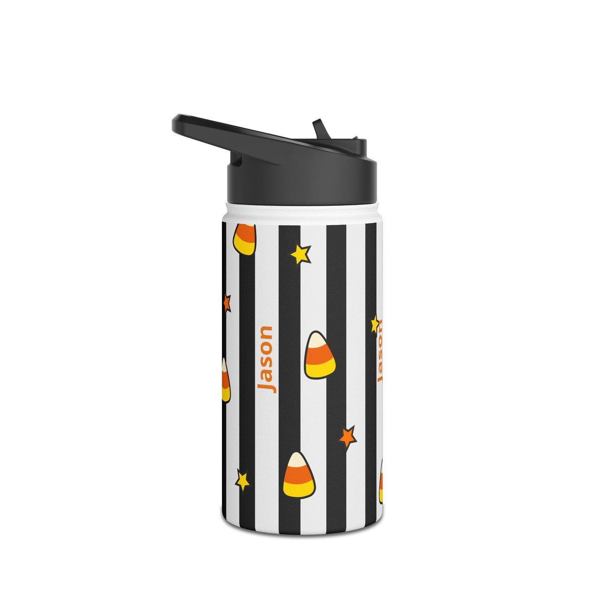 Personalized Halloween water bottle with candy corn and stripes design, custom name