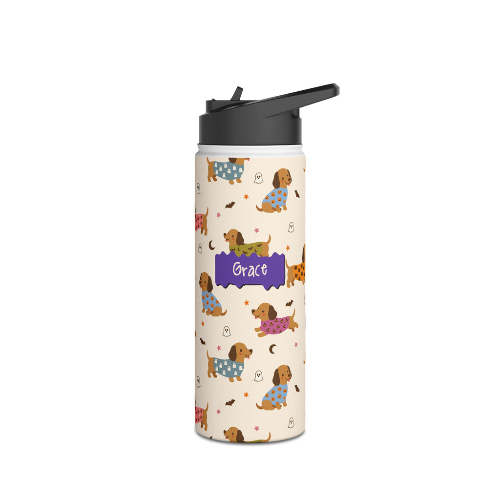 Angle view of personalized Halloween dachshund water bottle with straw lid