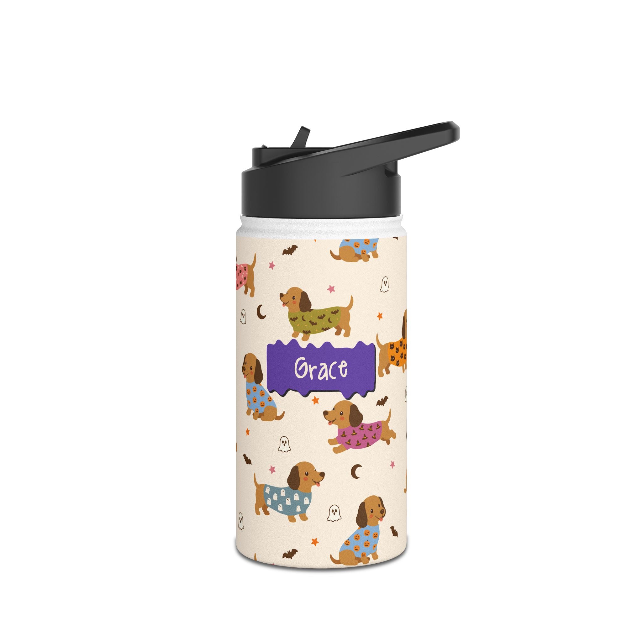 Back view of personalized Halloween dachshund water bottle