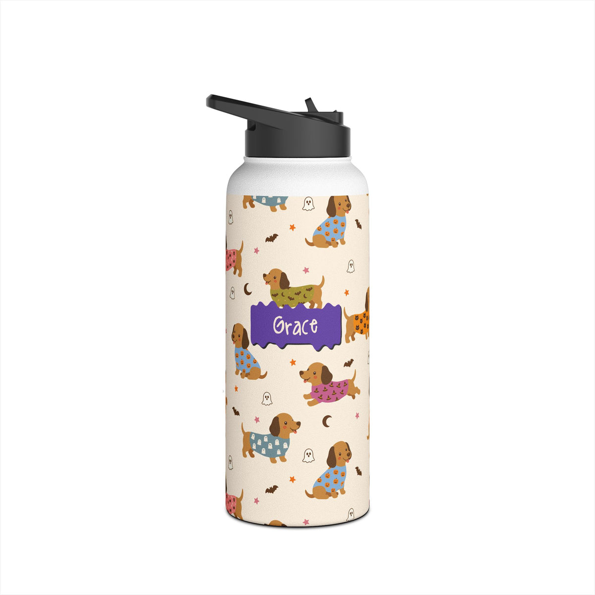 Close up of custom name plaque on Halloween dachshund water bottle