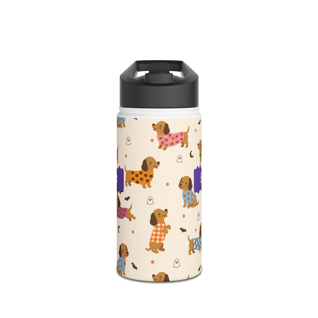 Personalized Halloween dachshund water bottle held in hand