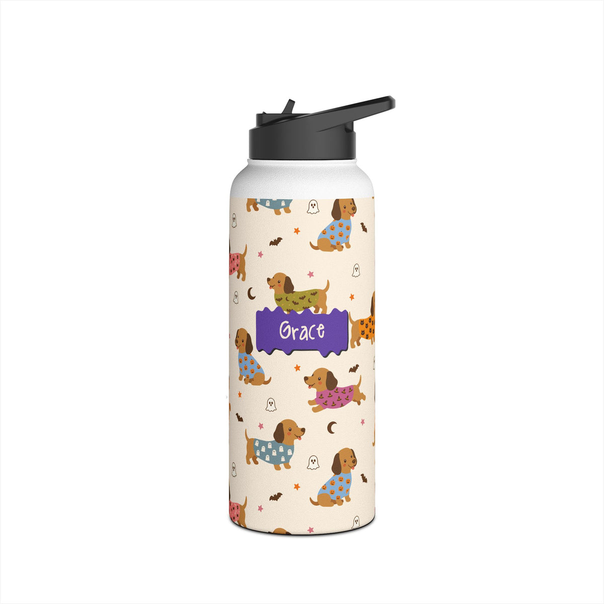 Detail of twist on lid on personalized Halloween dachshund water bottle