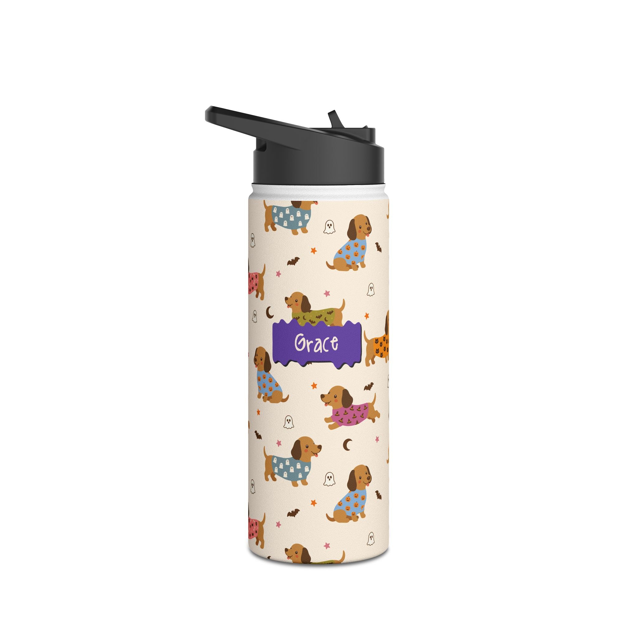 Personalized Halloween dachshund water bottle in lifestyle setting
