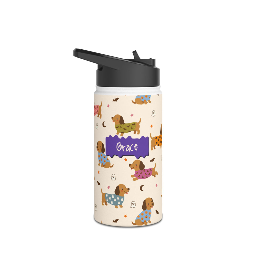 Personalized Halloween water bottle with dachshunds in costumes, custom name