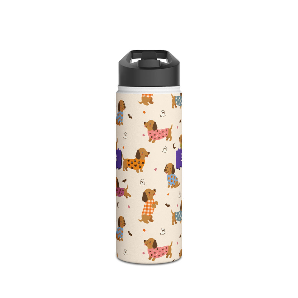 Personalized Halloween dachshund water bottle size comparison