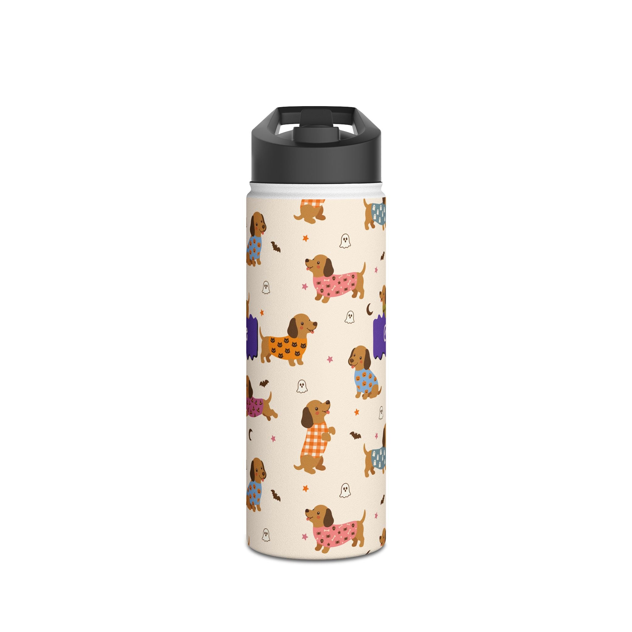 Personalized Halloween dachshund water bottle size comparison
