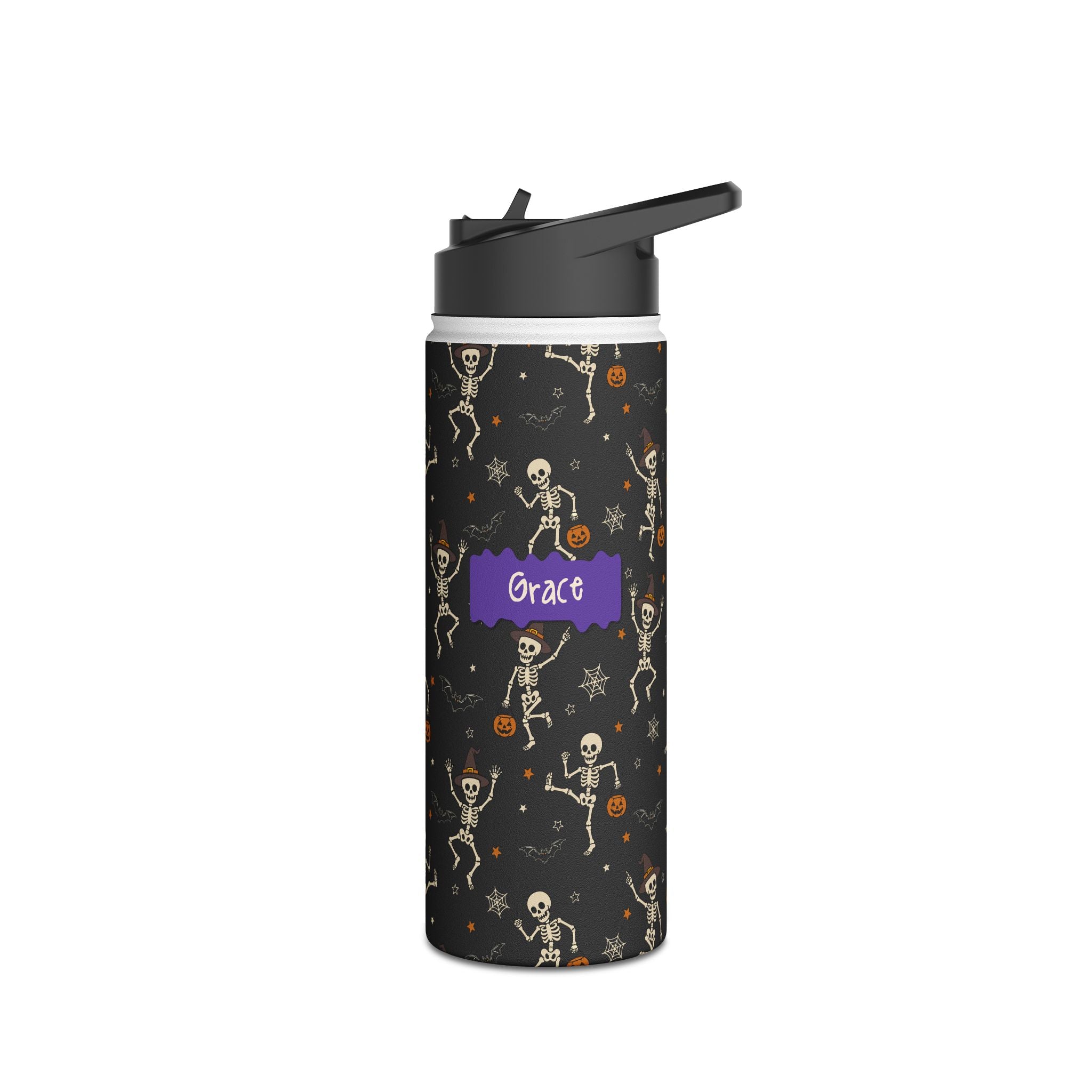 Angle view of personalized Halloween dancing skeleton water bottle with straw lid