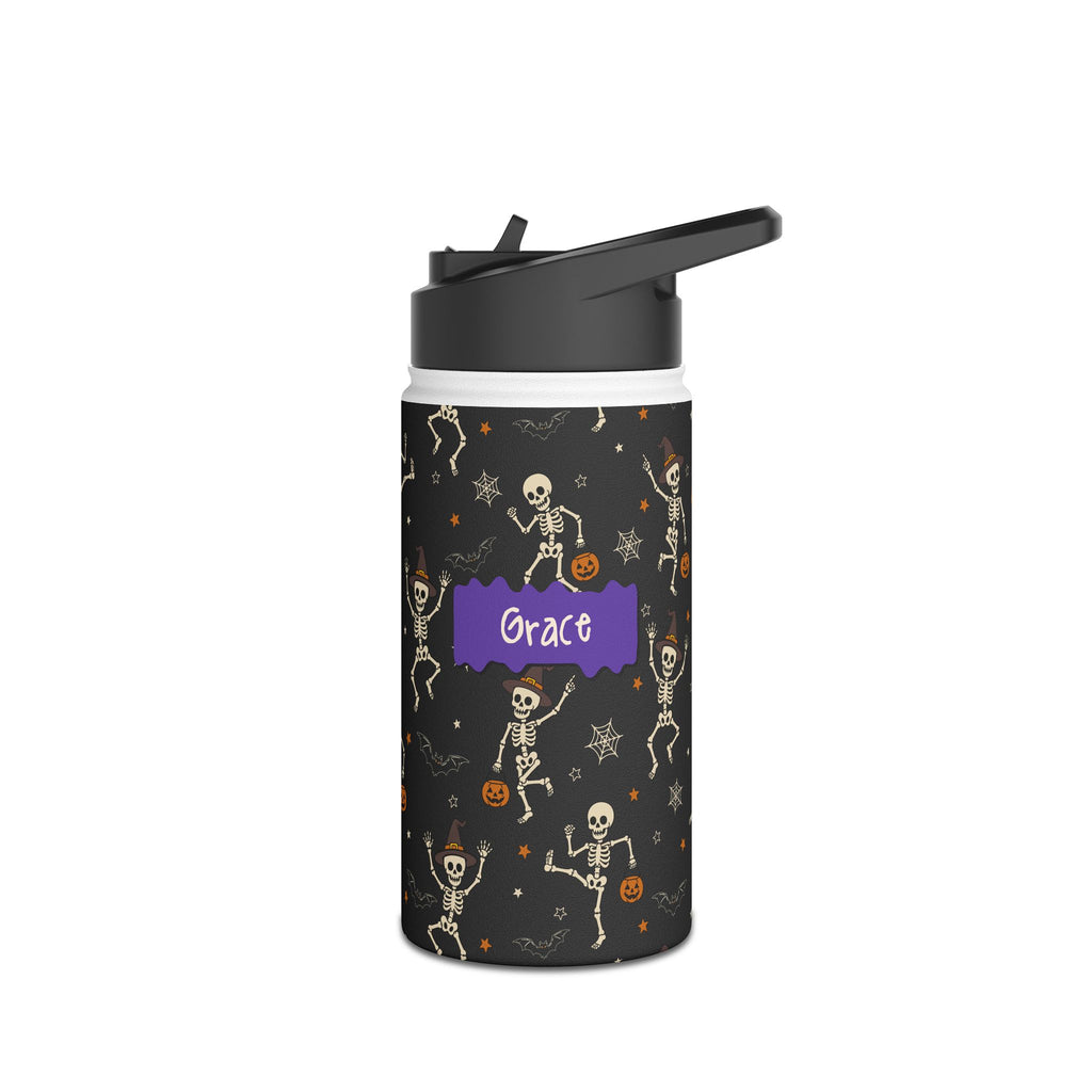 Back view of personalized Halloween dancing skeleton water bottle