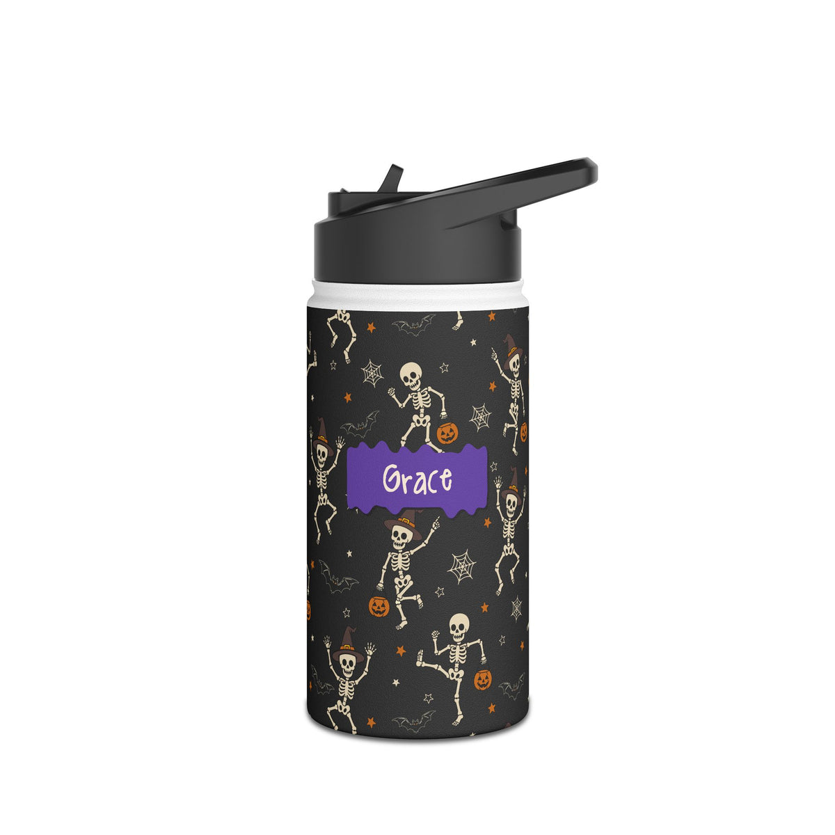 Back view of personalized Halloween dancing skeleton water bottle