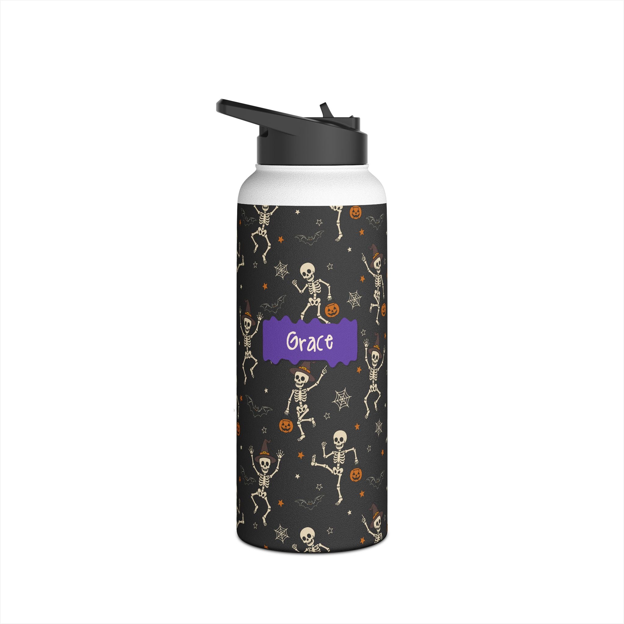 Close up of custom name plaque on Halloween dancing skeleton water bottle