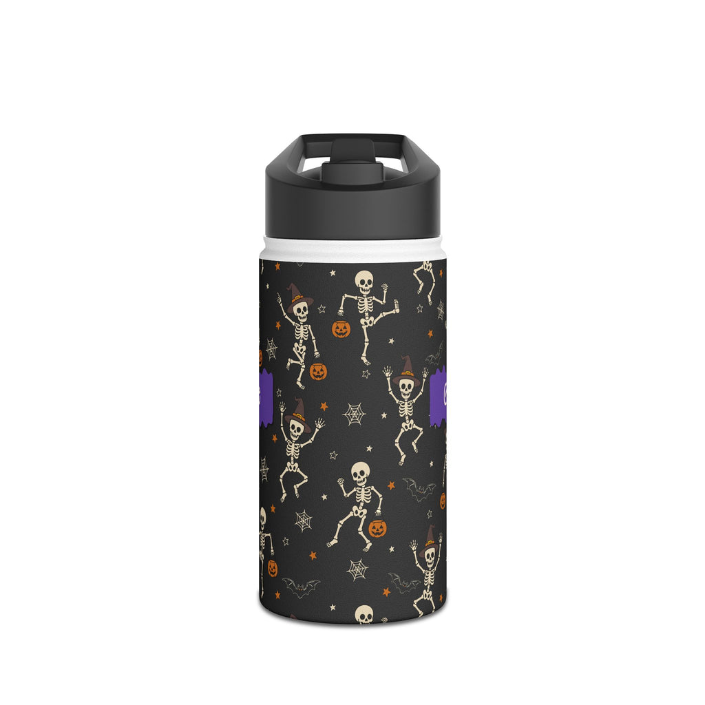 Personalized Halloween dancing skeleton water bottle held in hand