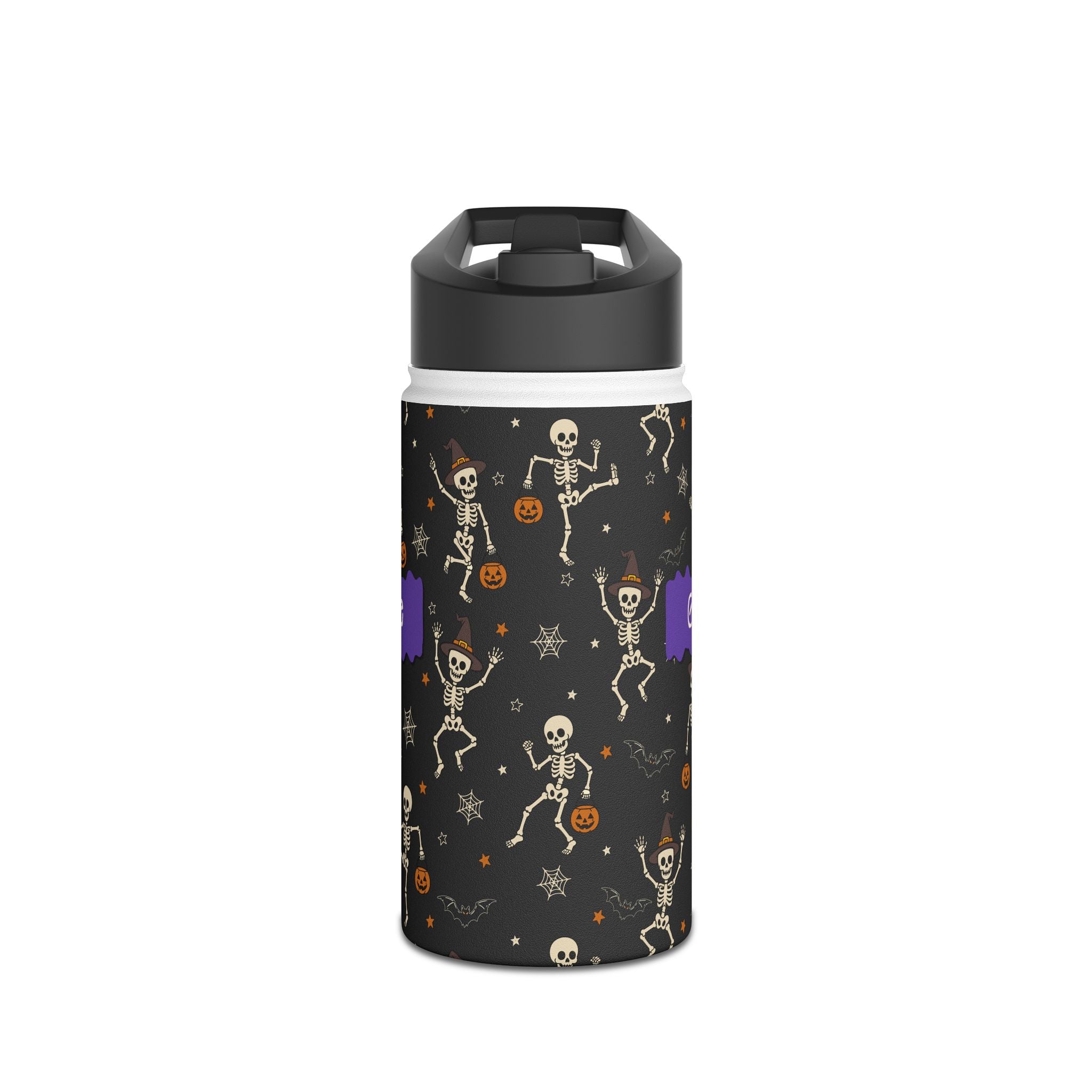 Personalized Halloween dancing skeleton water bottle held in hand