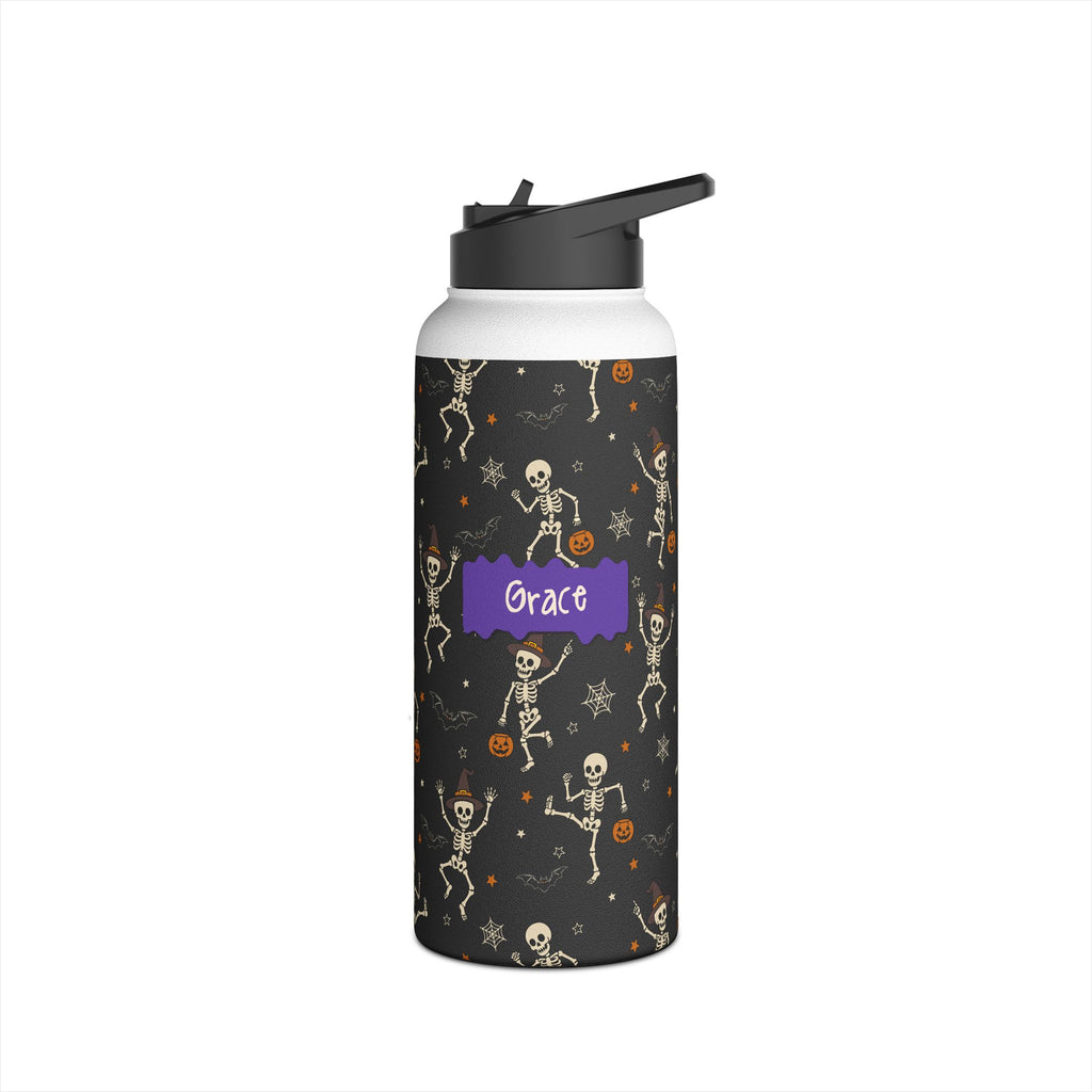 Detail of twist on lid on personalized Halloween dancing skeleton water bottle