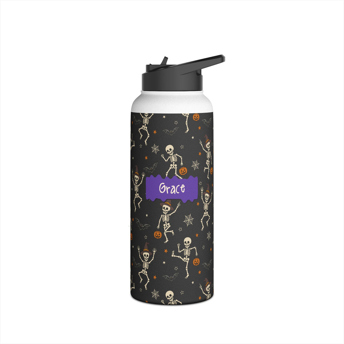 Detail of twist on lid on personalized Halloween dancing skeleton water bottle