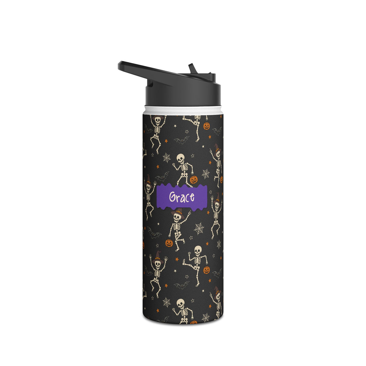 Personalized Halloween dancing skeleton water bottle in lifestyle setting