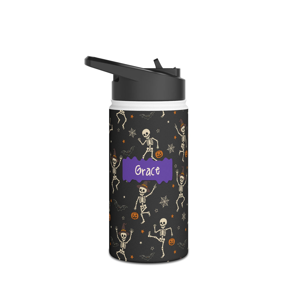 Personalized Halloween water bottle with dancing skeletons on black, custom name