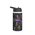 Personalized Halloween water bottle with dancing skeletons on black, custom name