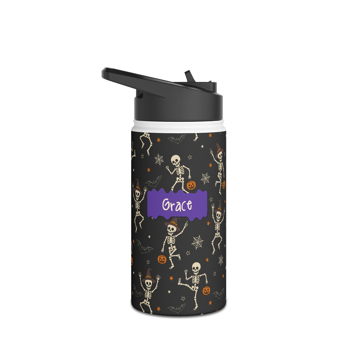 Personalized Halloween water bottle with dancing skeletons on black, custom name