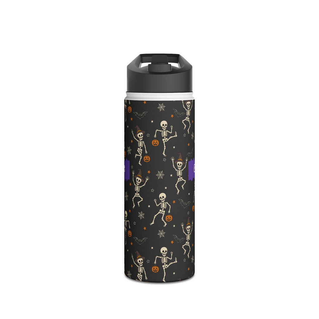 Personalized Halloween dancing skeleton water bottle size comparison